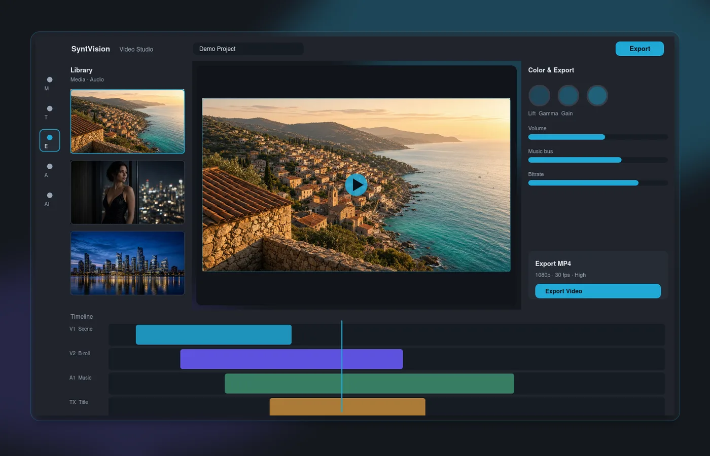 Promotional illustration of Video Studio color and export finishing controls
