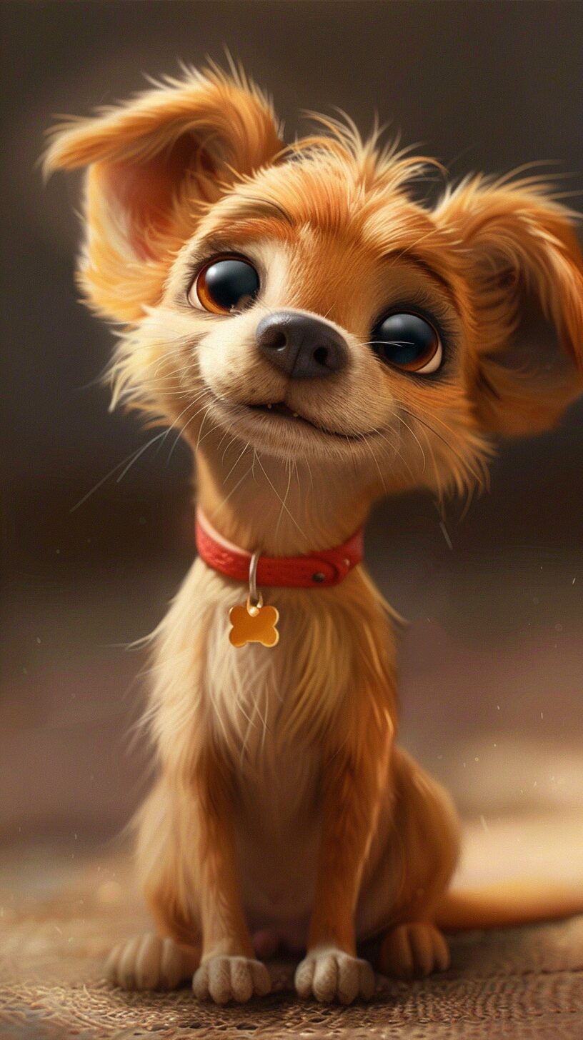 Adorable Disney-Style Dog with Big Eyes and Red Collar