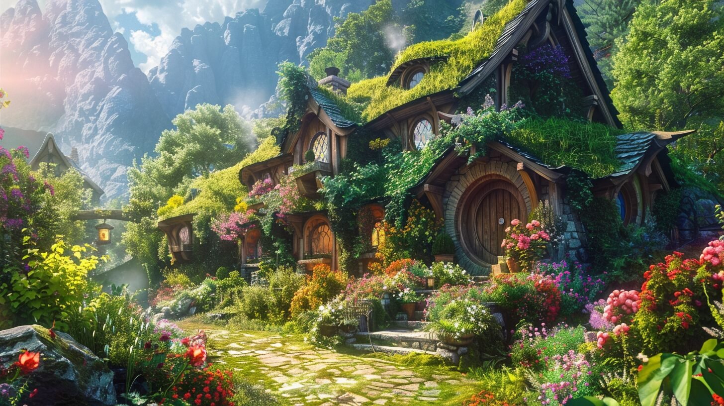 A fantasy village with cozy houses, surrounded by lush greenery and colorful flowers.