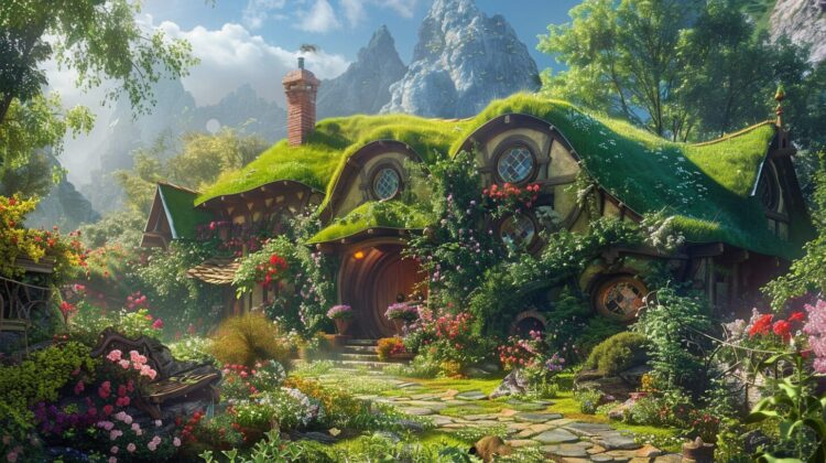 A cozy fantasy cottage with a green roof, surrounded by lush flowers and nature, in the style of Pixar.