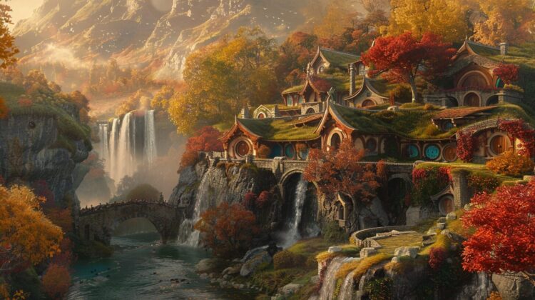 A fantasy elven village nestled in the mountains, surrounded by waterfalls and autumn foliage