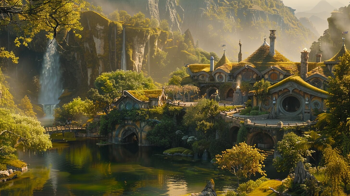 Elven Houses with Mossy Roofs and Bridge Over Waterfall