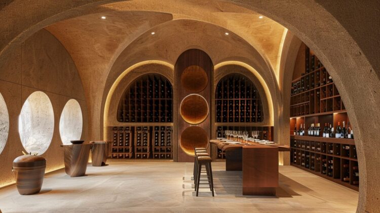 Wine cellar with arched walls and ceilings, wine bottles on shelves in the background, modern design.