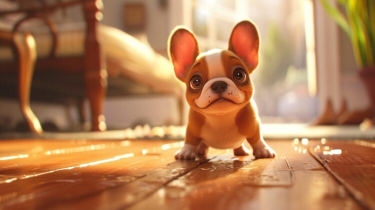 Cute French Bulldog puppy playing on the wooden floor, in the style of Pixar, in the style of Disney animation.