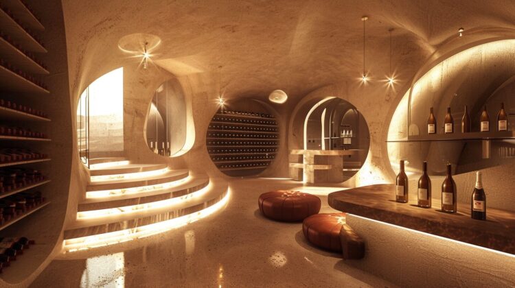 Underground wine cellar with rounded walls and shelves, light coming from above, some small seating areas at different heights, bottles on display shelves, warm lighting, modern architecture, earth tones.