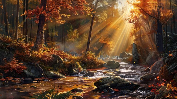 A realistic autumn forest with rays of sunlight shining through the trees, creating an enchanting scene in the style of the stream surrounded by rocks and fallen leaves.