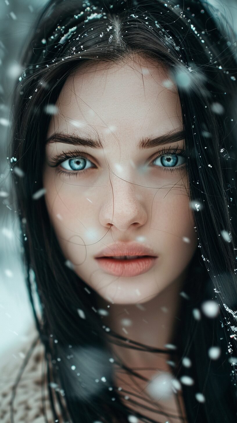 A beautiful woman with long black hair and blue eyes, surrounded by snowflakes. This portrait photography is a close-up, dreamy, high-definition image of a real person's face