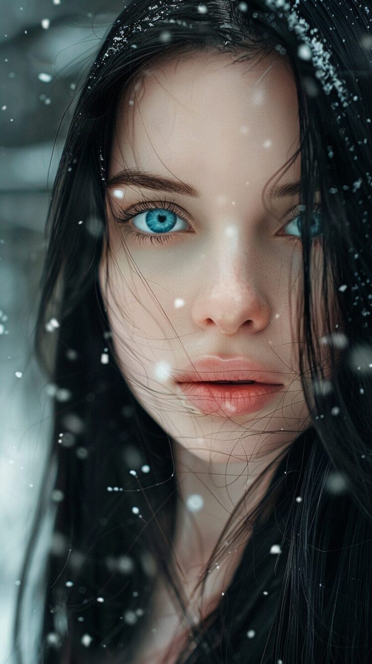 A beautiful woman with long black hair and blue eyes, surrounded by snowflakes. This portrait photography is a close-up, dreamy, high-definition image of a real person's face