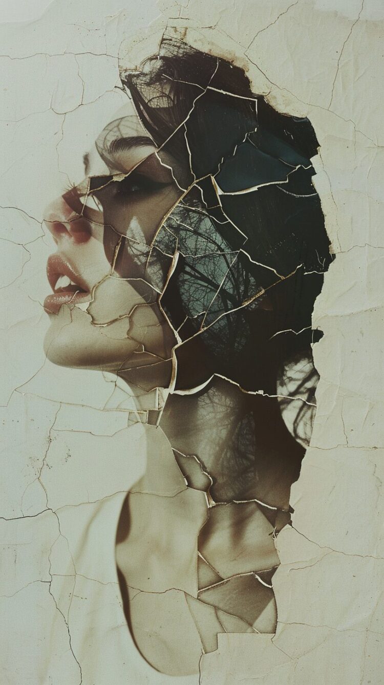 A double exposure of an abstract woman's portrait and a cracked ceramic texture, with muted tones