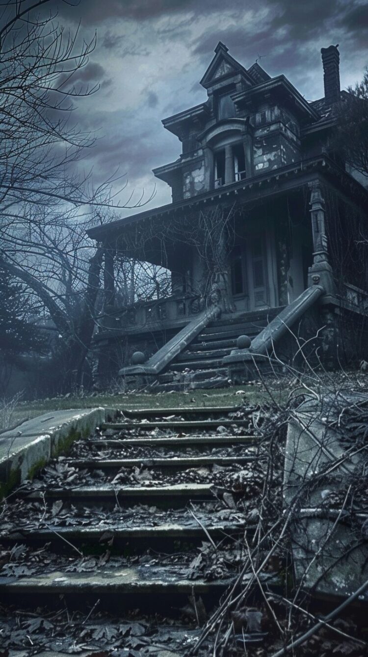 An old Victorian house with broken stairs leading up to it. The scene is dark and scary, in the style of a horror movie, hyper-realistic and highly detailed