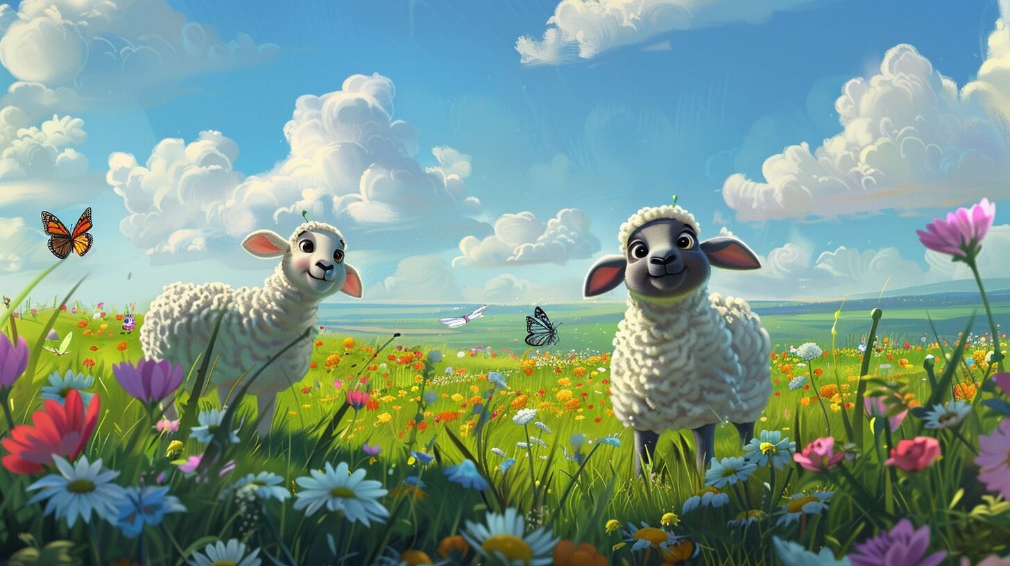 Two cute cartoon sheep in the grass, surrounded by colorful wildflowers and butterflies, with a beautiful blue sky above them.