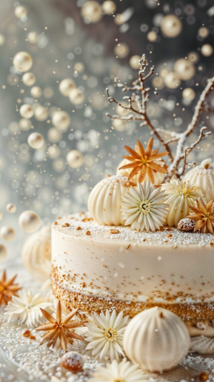 A beautiful cake with delicate decorations, placed on the table surrounded by white flowers and star anise.