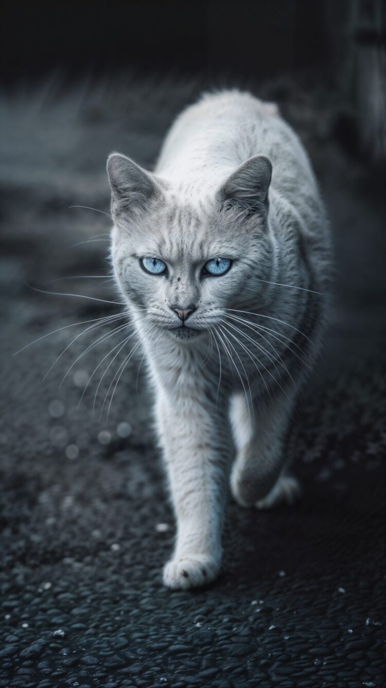 A white cat with blue eyes walks on the street