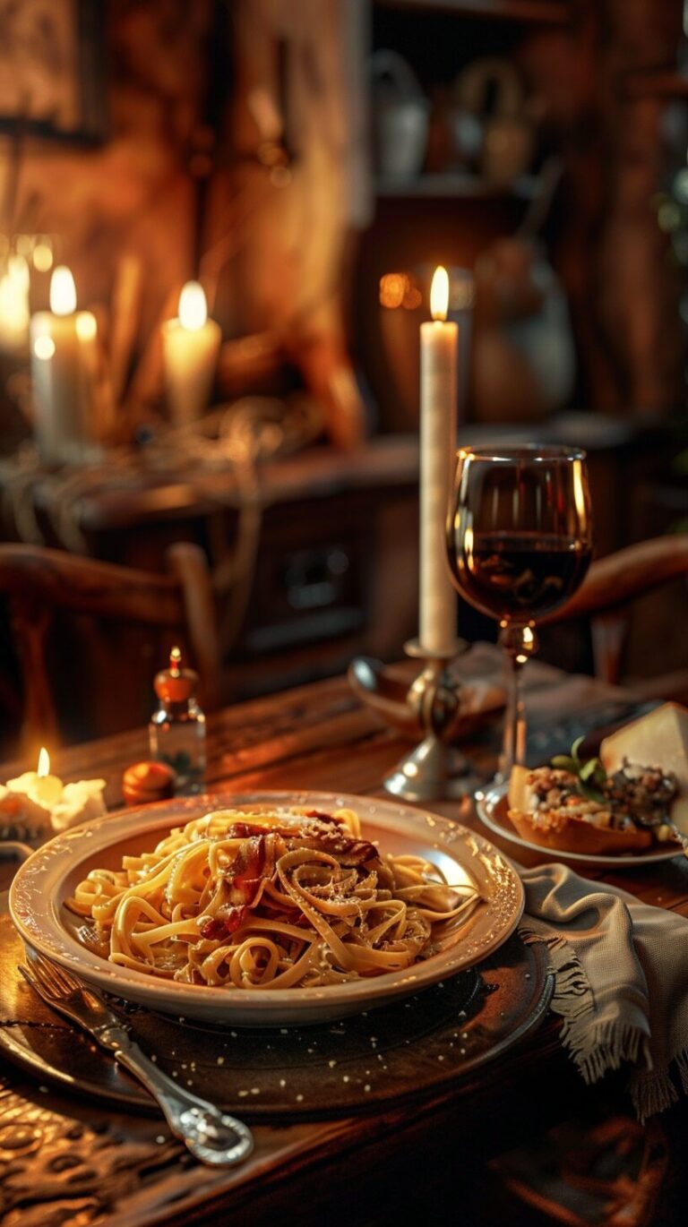 Rustic Candle-Lit Table with Pasta Carbonara and Wine