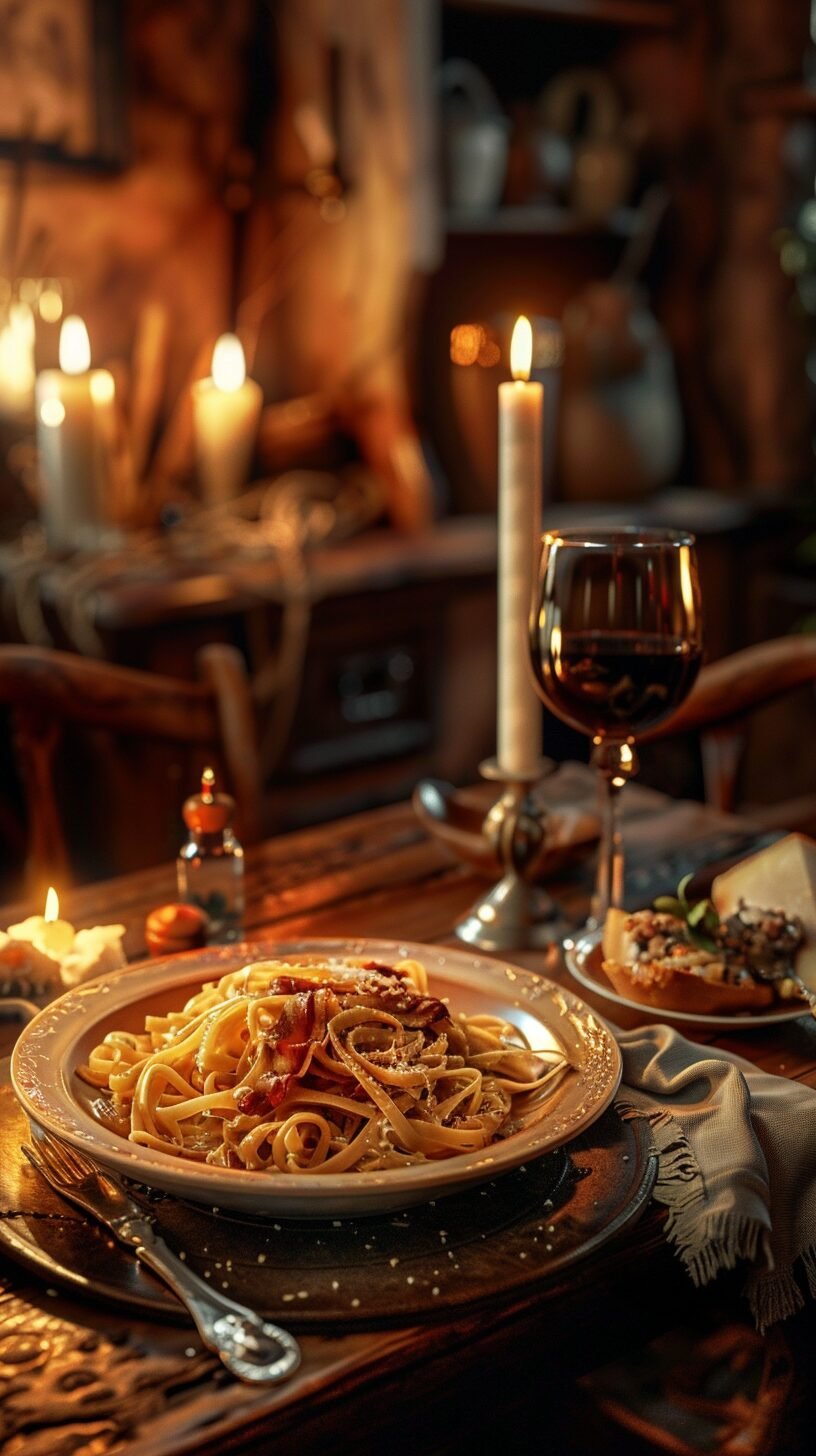 A rustic, candle-lit table set with an elegant plate of spaghetti carbonara and wine glasses, creating a cozy atmosphere