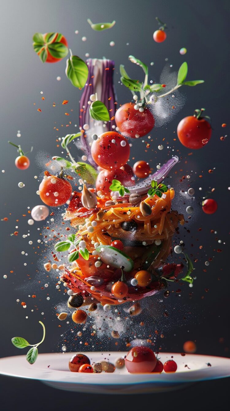 Food photography, depicting a stack of various food items such as vegetables and pasta floating in the air