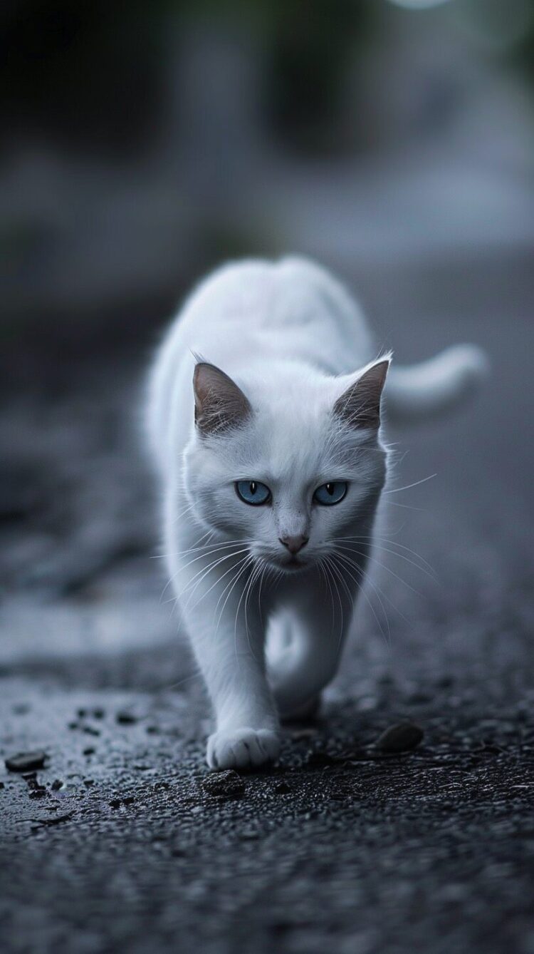 A white cat walks on the road, its body slightly tilted to one side and looking at you with bright blue eyes.