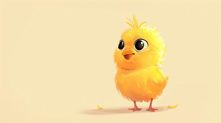 A cute yellow cartoon chick with big eyes, standing on the floor, simple background