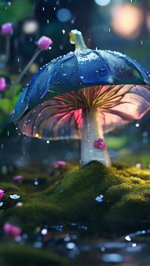 A colorful mushroom with an umbrella-like cap sits on the mossy ground, surrounded by flowers and trees.