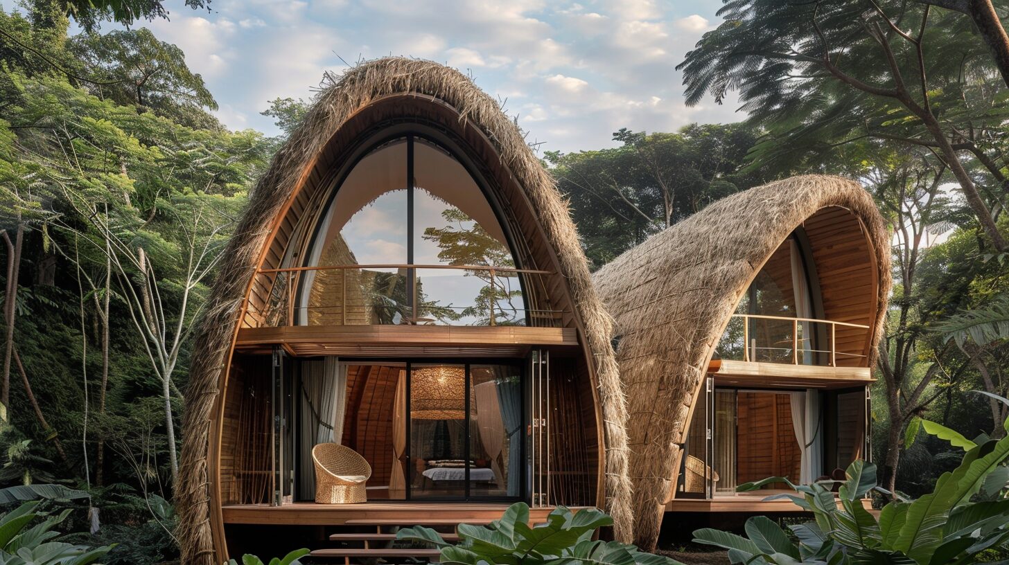 A bamboo structure with an arched shape and large windows in the jungle