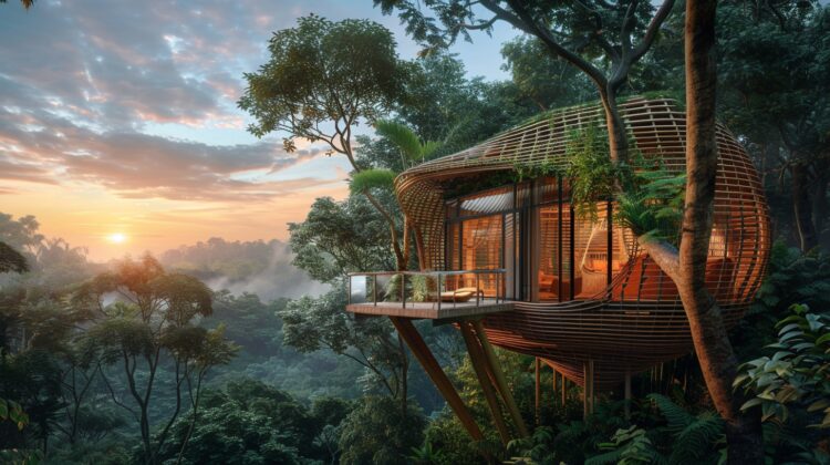 A treehouse in the jungle, made of bamboo and wood