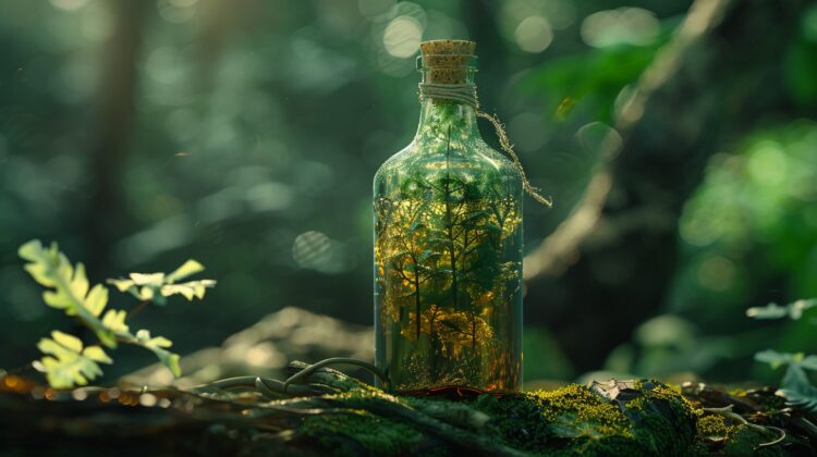 A glass bottle with moss growing inside, set against the backdrop of an enchanted forest