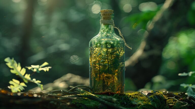 Enchanted Glass Bottle with Moss in a Magical Forest