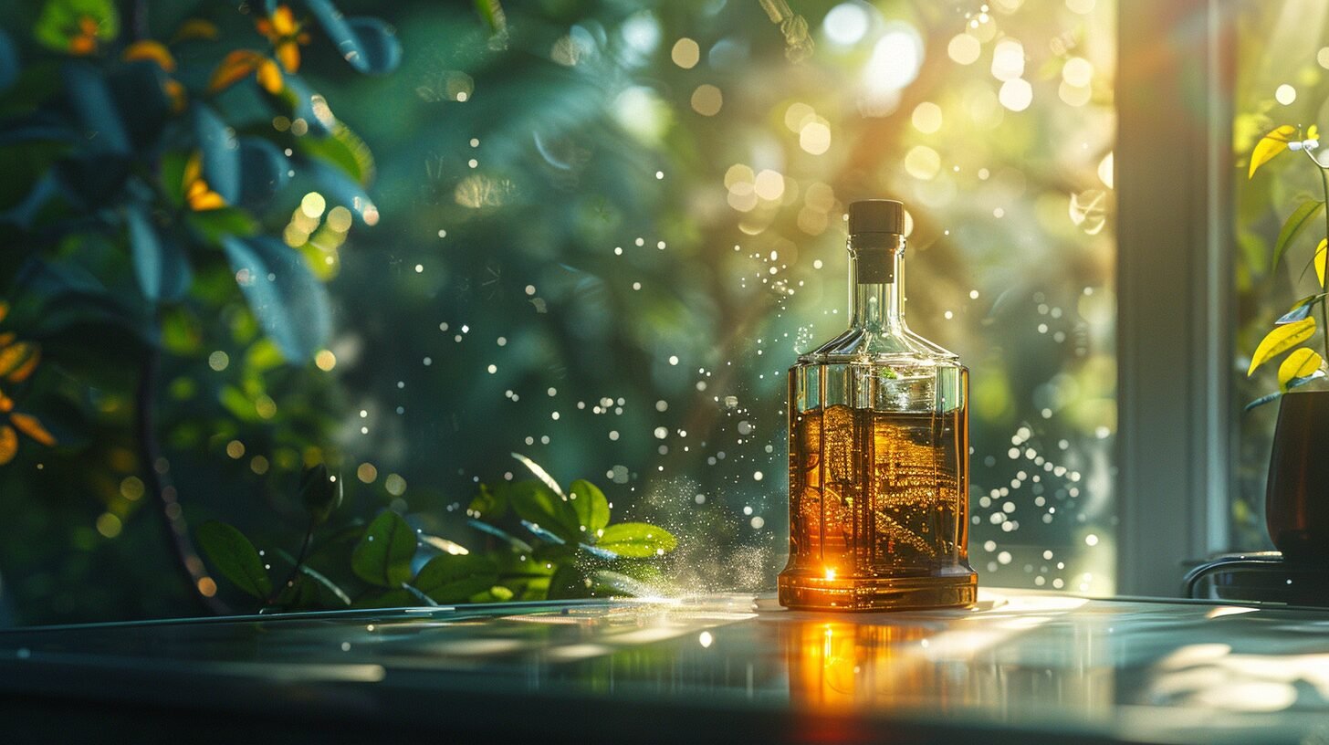 Whiskey bottle photography, sunlight exposure, outdoor scene, green plants and trees outside the window