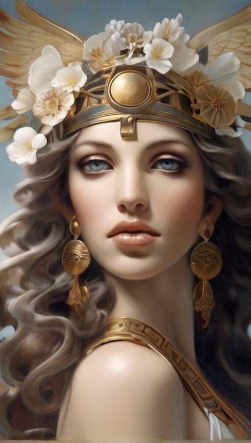 Goddess of Beauty, gold headband with white flowers in the hair