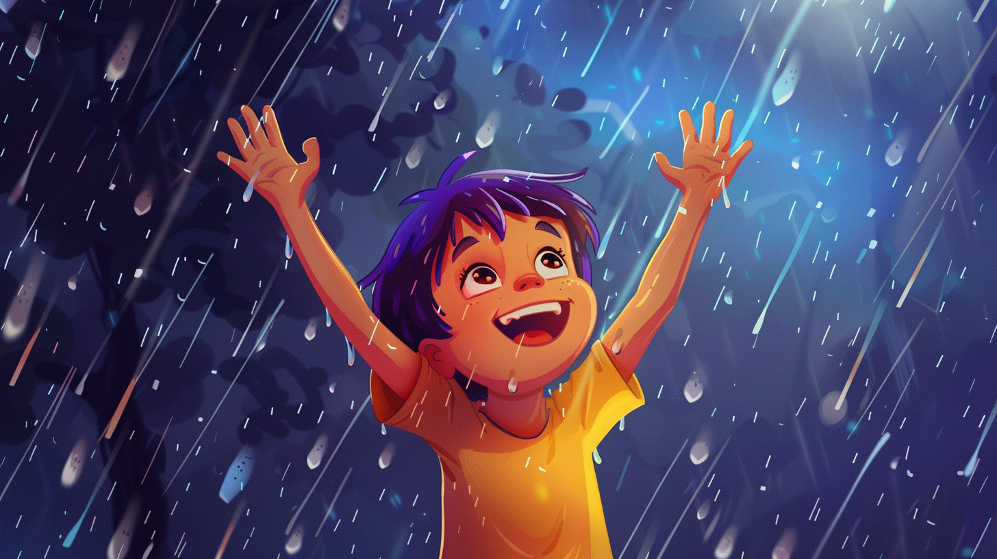 A happy young boy with dark purple hair, wearing a yellow t-shirt, stands in the rain looking up at the sky