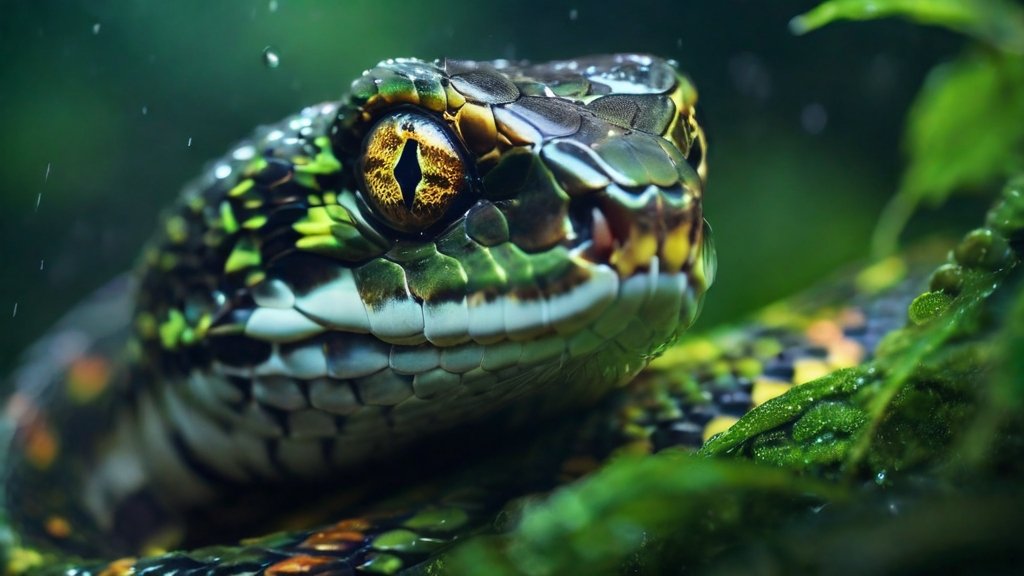 Close-up of an angry green and black snake in the jungle