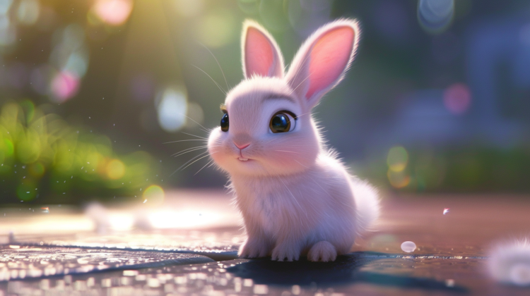 Cute white rabbit with large eyes, sitting on the ground, in the style of Disney