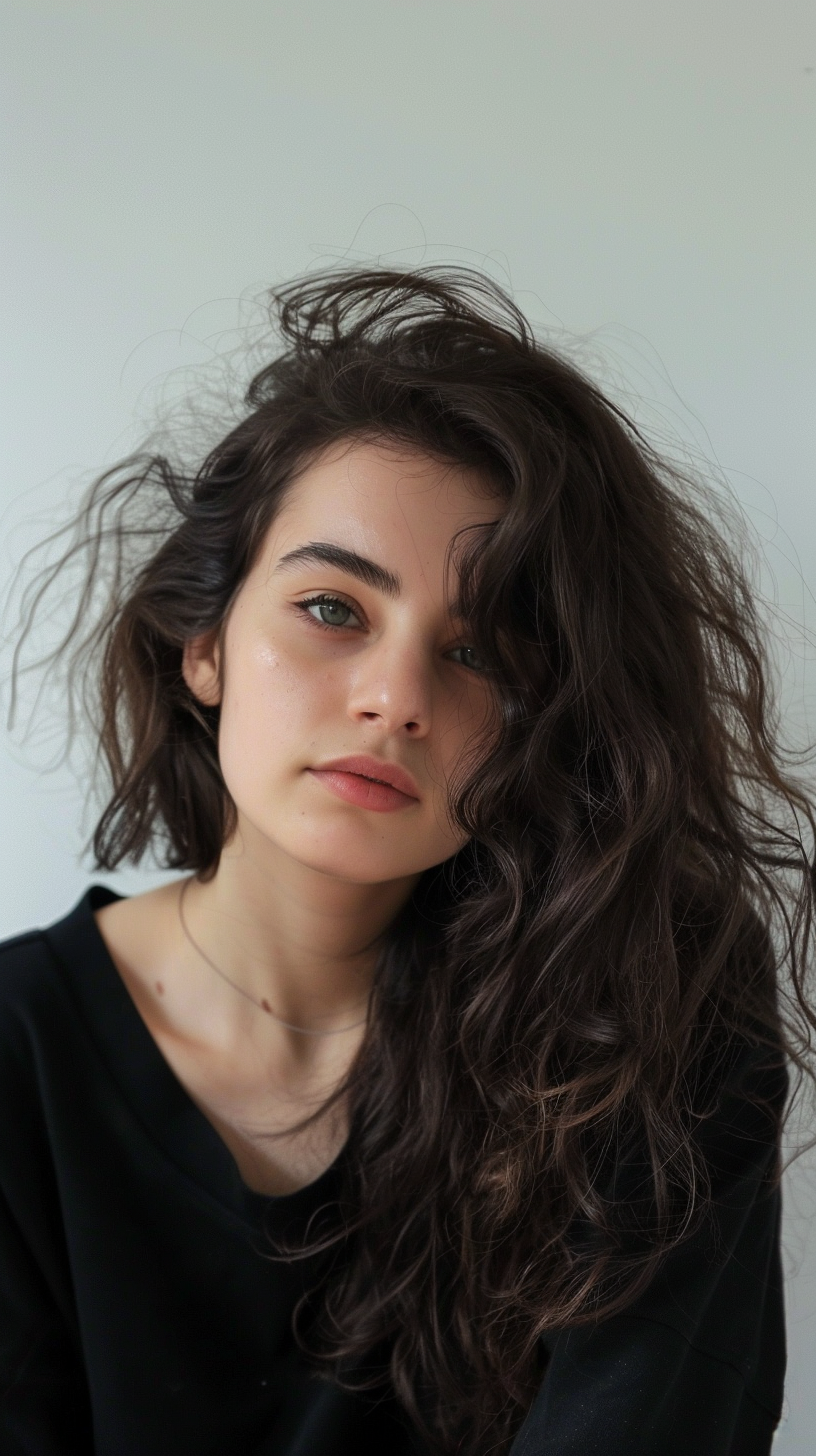 A photograph of an attractive woman with long, curly hair, facing the camera