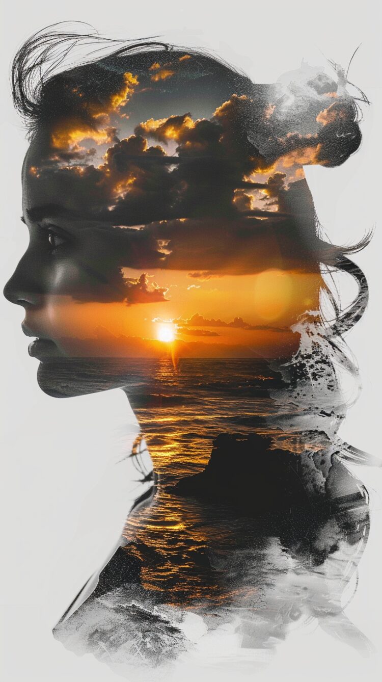 Double exposure of a digital art collage, featuring a woman's face silhouette against a beach sunset sky