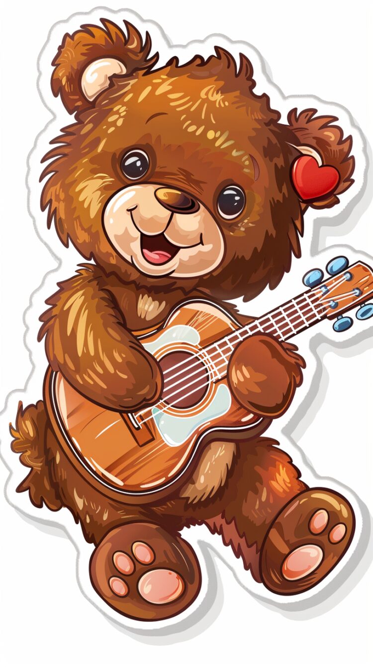 Sticker vector illustration of a cartoon brown bear playing a guitar, with a white background and cute big eyes.