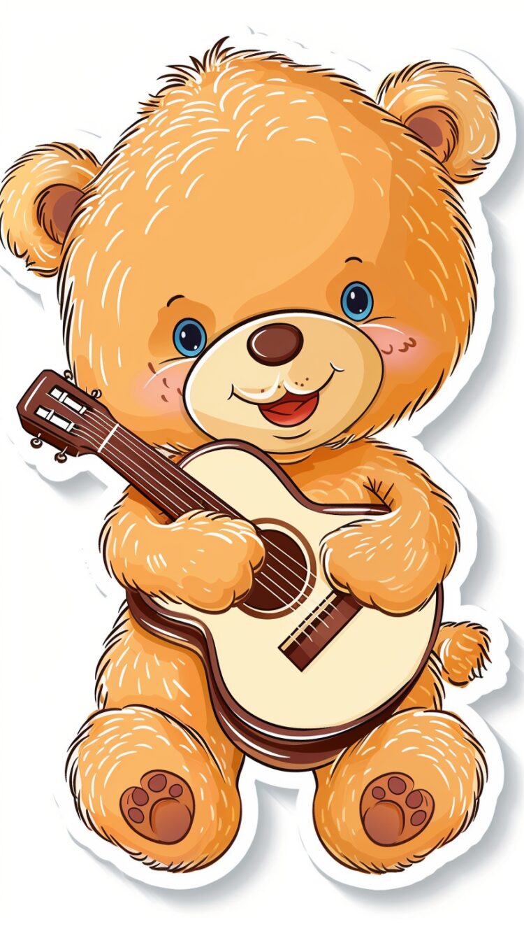 Sticker vector picture of a cute cartoon baby bear playing a guitar, with a white background.