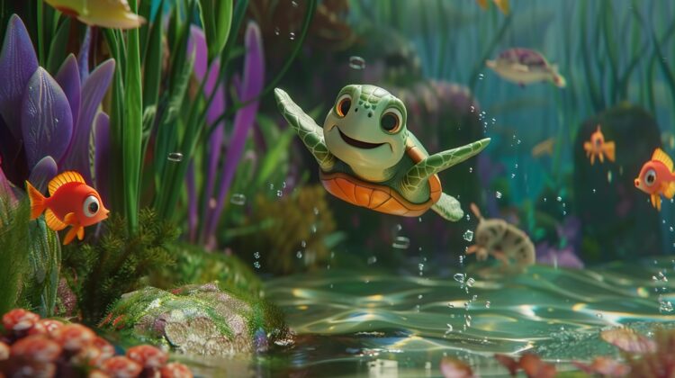 A cute cartoon turtle is swimming in the water, surrounded by colorful fish and plants