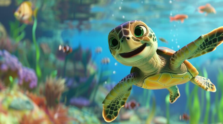 A happy, smiling turtle is swimming in the sea, in the style of Disney Pixar's cartoon animation.