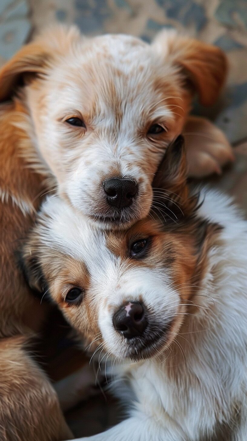 Adorable Close-Up of Two Cuddling Puppies