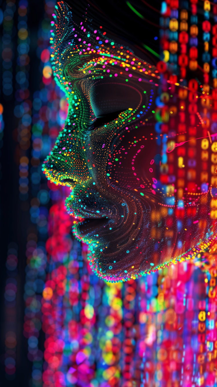 Neon Digital Face in a Virtual Reality World