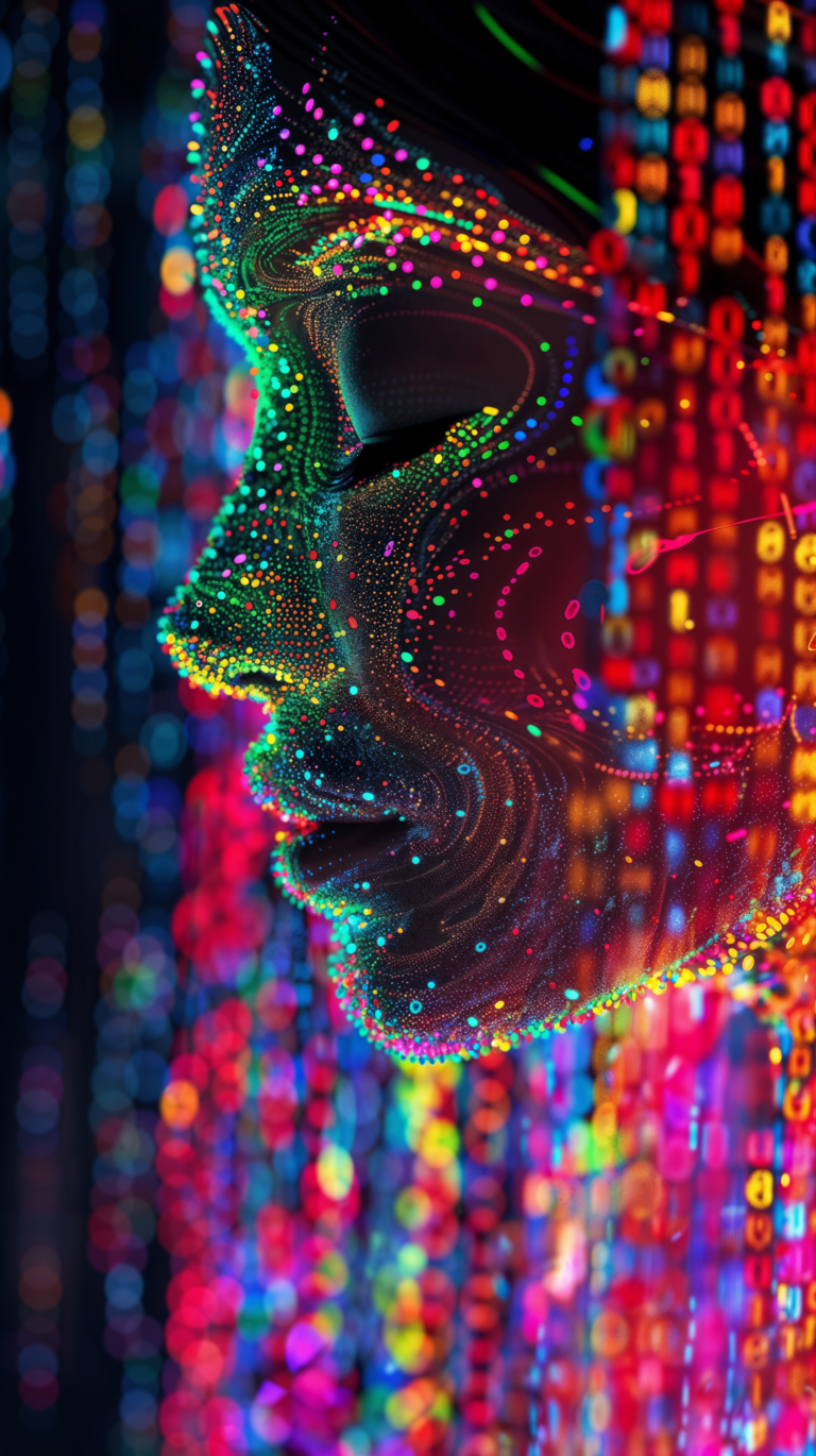 Neon Digital Face in a Virtual Reality World