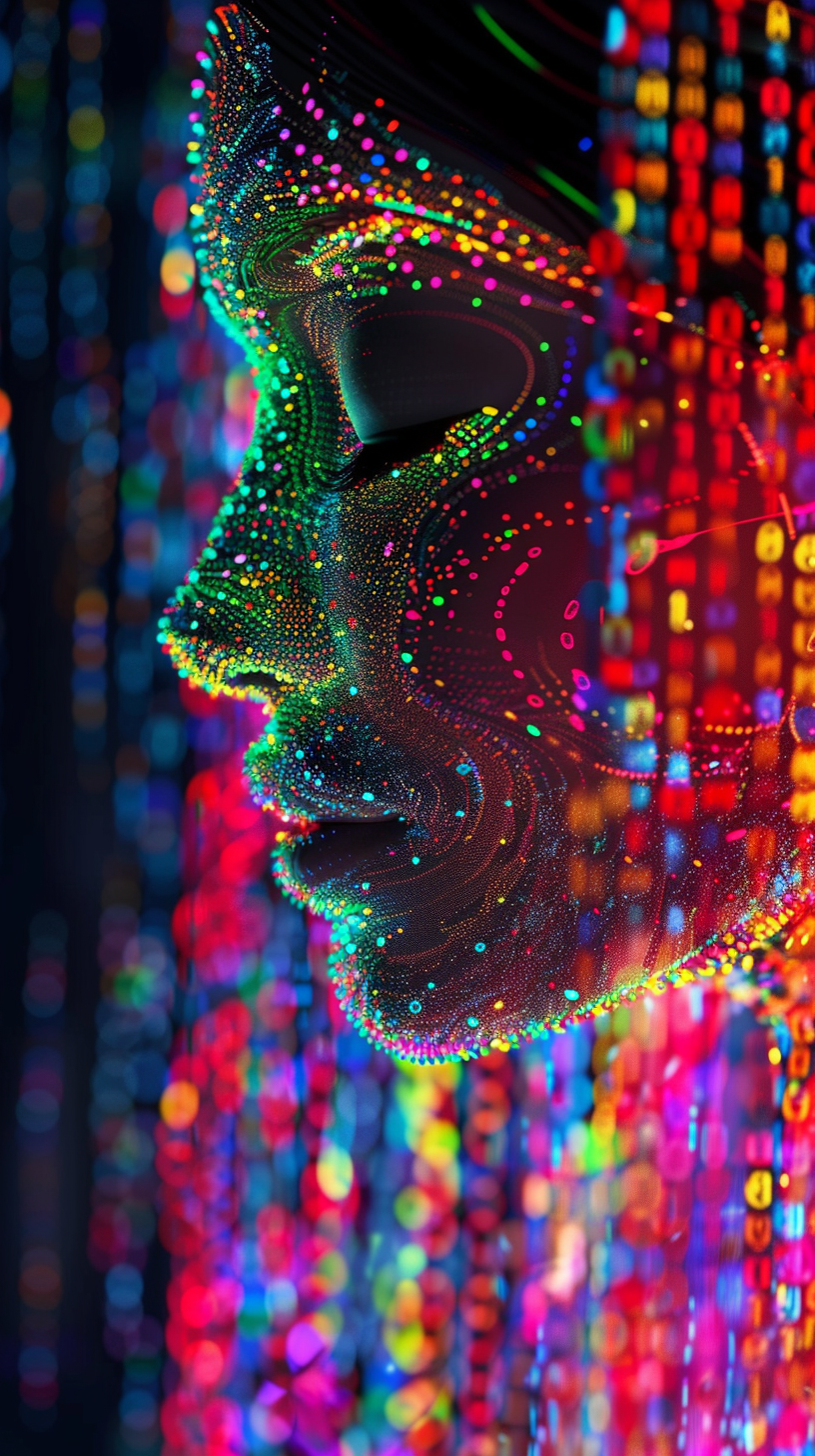 A face made of digital data and code, with vibrant neon lights reflecting off its surface