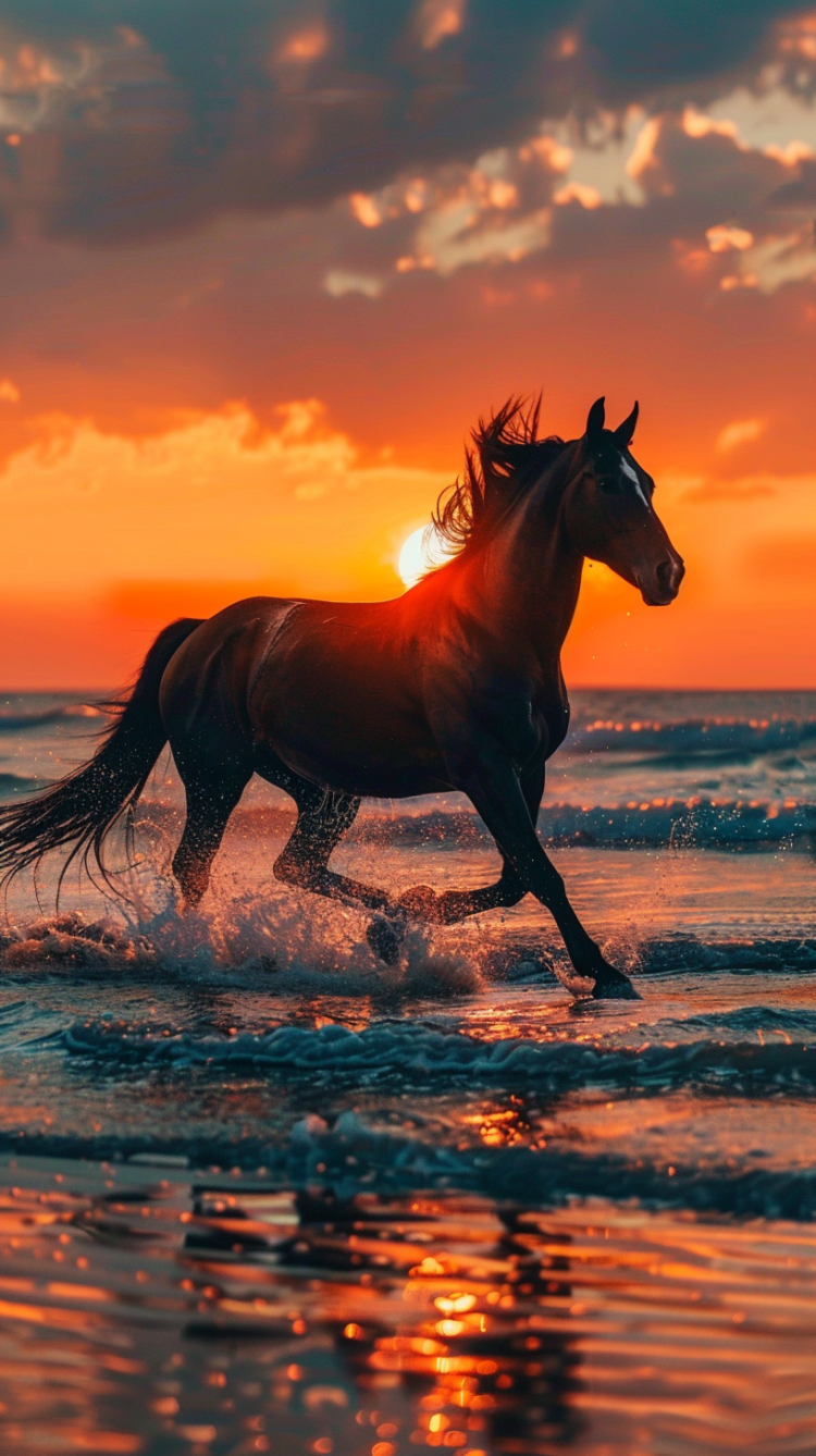 Beautiful black horse running on the beach at sunset, sea waves splashing around i