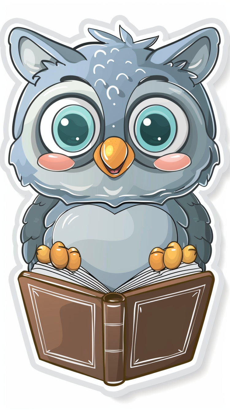 Sticker vector picture of a cute owl reading a book on a white background, with big eyes in a cartoon style.