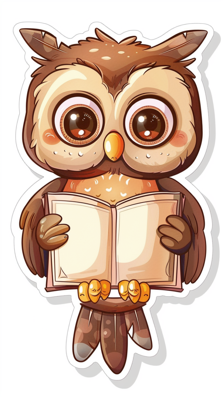 Sticker vector picture of a cute owl reading a book on a white background, with big eyes in a cartoon style.