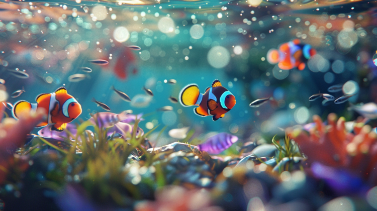 A vibrant underwater scene with colorful fish