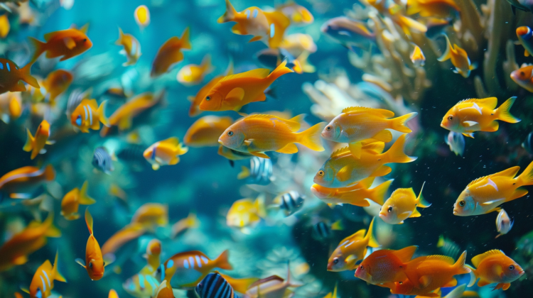 A school of yellow fish swimming in an aquarium, surrounded by coral reefs and colorful marine life.