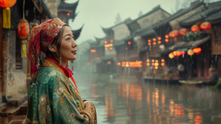 Woman in Ancient Costume in a Rainy Chinese Village