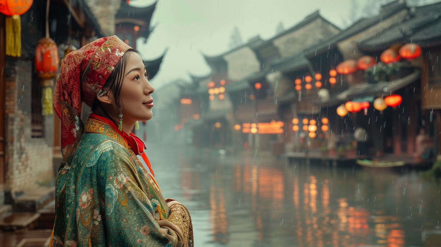 A woman in ancient costume, surrounded by traditional wooden buildings and lanterns hanging on them.