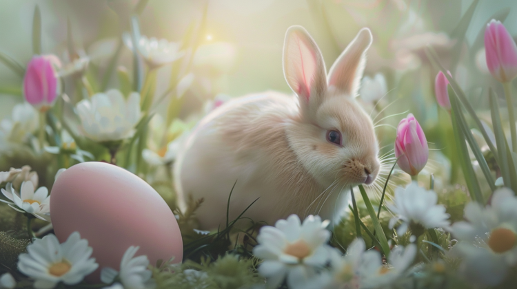 Cute Easter bunny with a pink egg in the grass, surrounded by tulips and daisies.